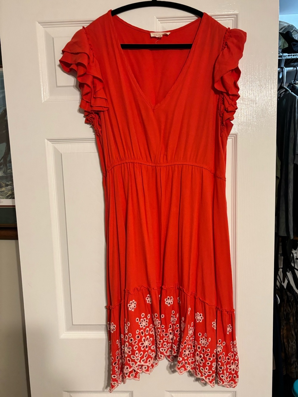 Solitaire Red V-Neck Flutter-Sleeve Mini Dress with Eyelet Hem